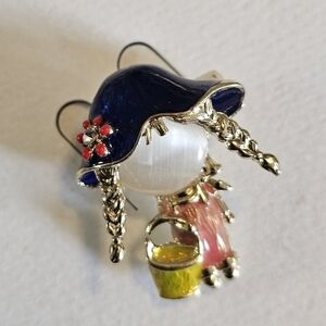 Pink And Blue Enamel Girl Brooch with Blue Hat